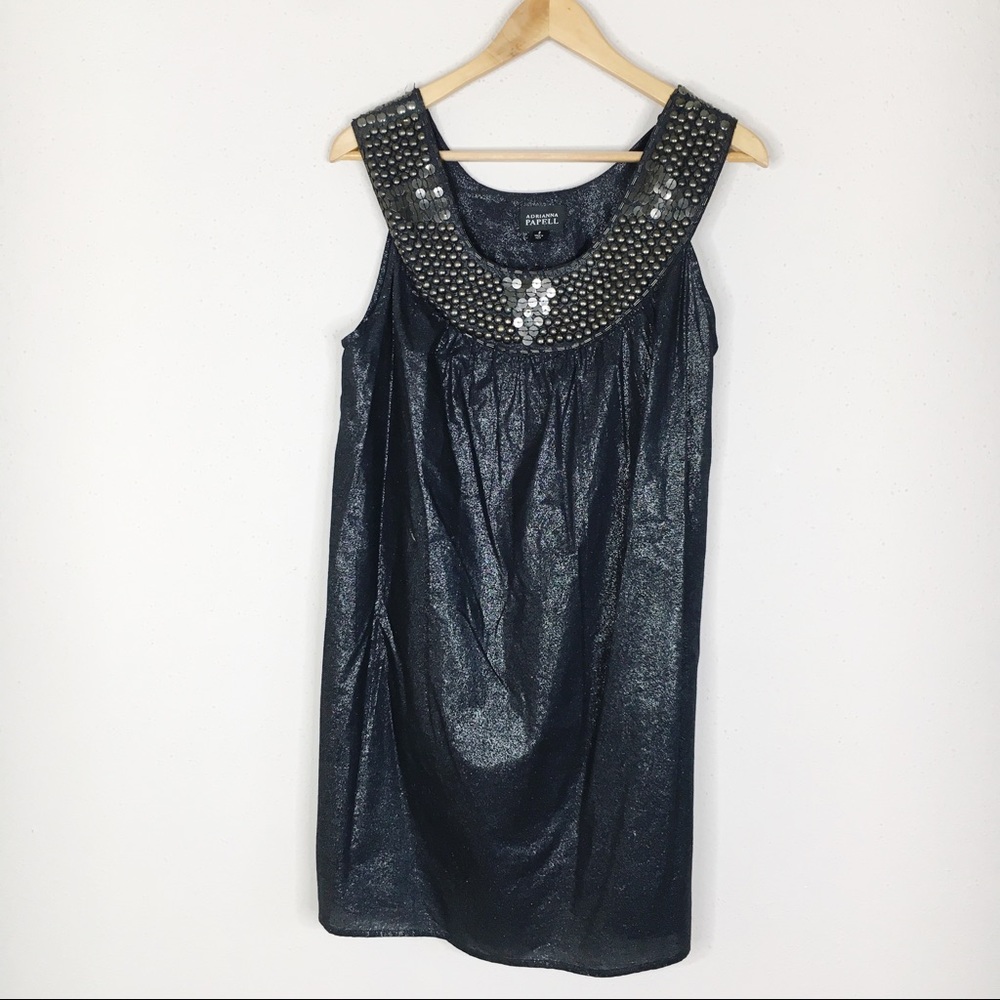 Adrianna Papell Black Metallic Beaded Shift Dress
